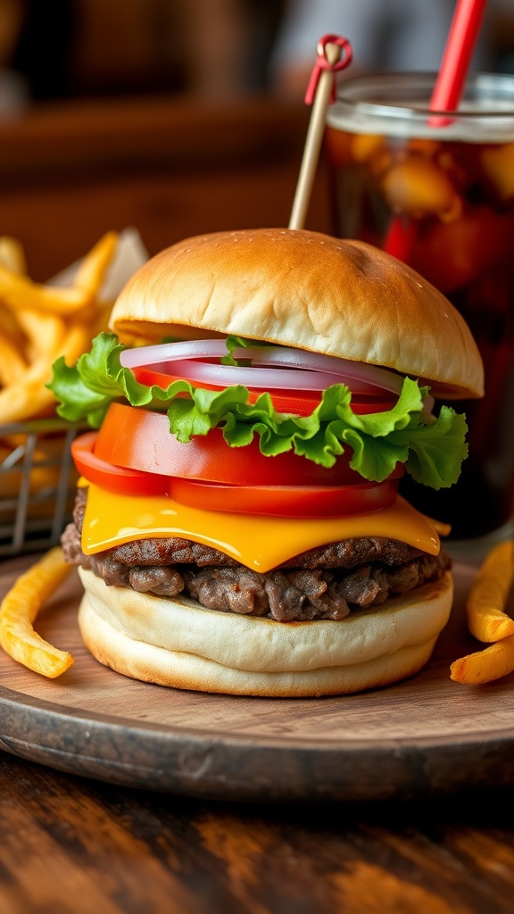 A delicious burger with fresh toppings and a side of fries on a wooden table.